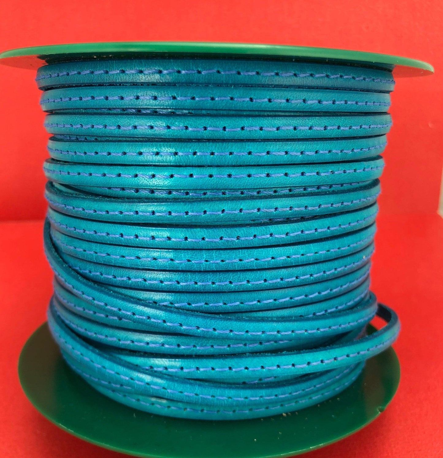 MADE in EUROPE 1 yard of 5mm flat stitched leather cord, 5mm turquoise stitched leather cord, (MARF5TURINTST)