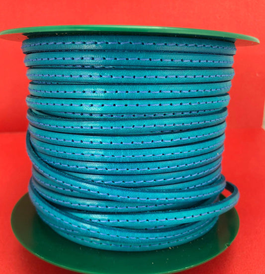 MADE in EUROPE 1 yard of 5mm flat stitched leather cord, 5mm turquoise stitched leather cord, (MARF5TURINTST)