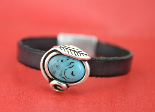 FS0140>>MADE in EUROPE zamak turquoise slider, flat cord slider, 13mm leather cord turquoise slider, zamak leaf slider (76468/13zp) Qty1