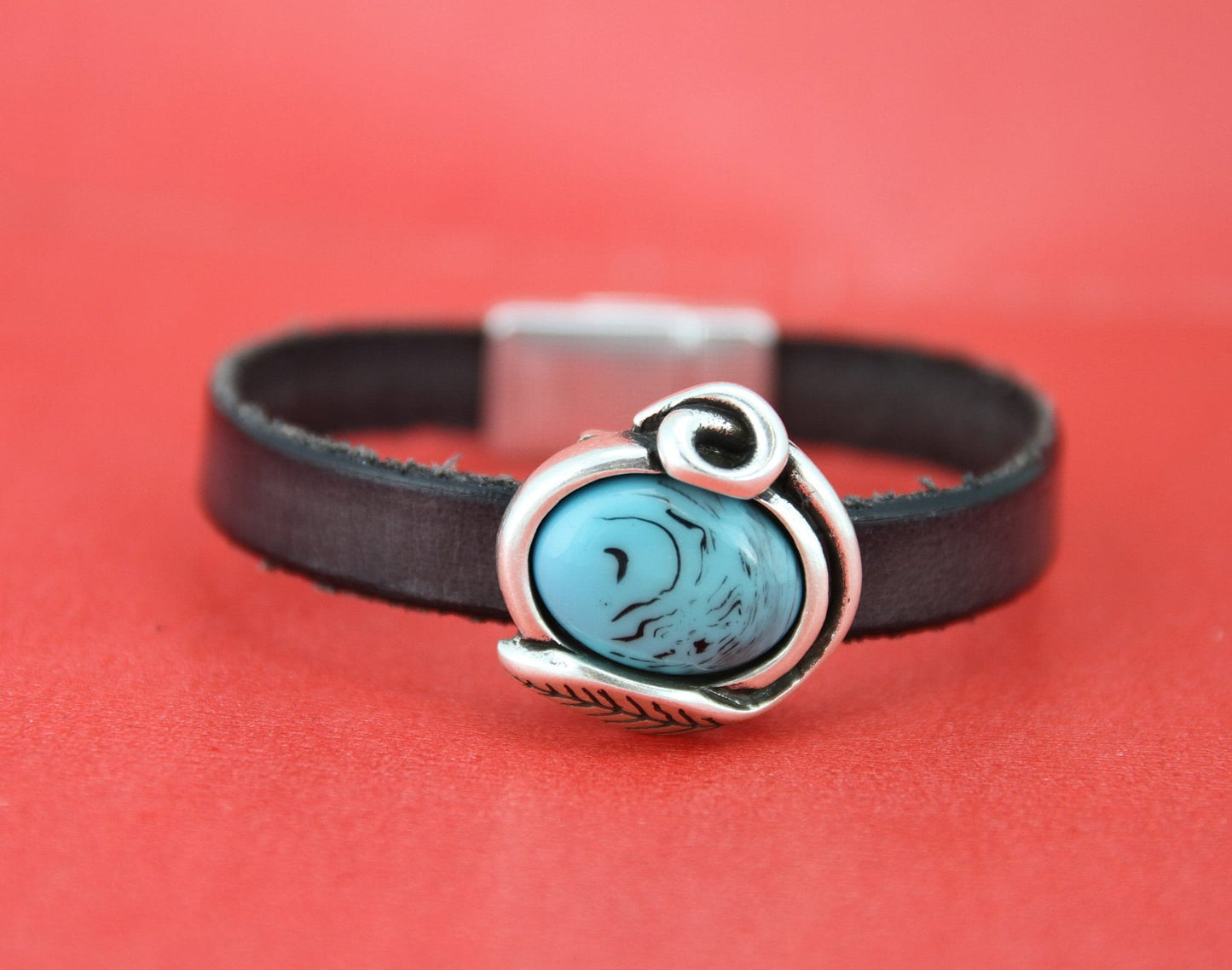 FS0140>>MADE in EUROPE zamak turquoise slider, flat cord slider, 13mm leather cord turquoise slider, zamak leaf slider (76468/13zp) Qty1