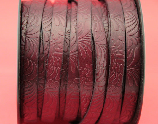 MADE in EUROPE 24" flat leather cord, 10mm leather cord, maroon embossed leather cord (Marf10petgren)