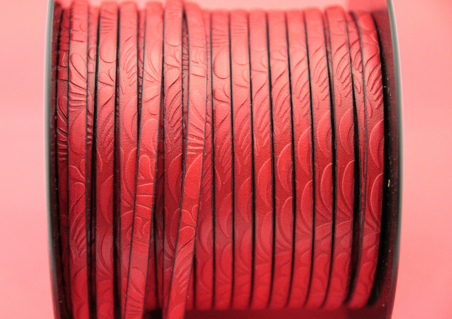 MADE in EUROPE 24'' flat 5mm embossed leather cord, 5mm flat leather cord, 5mm embossed leather cord (MARF5petalred)