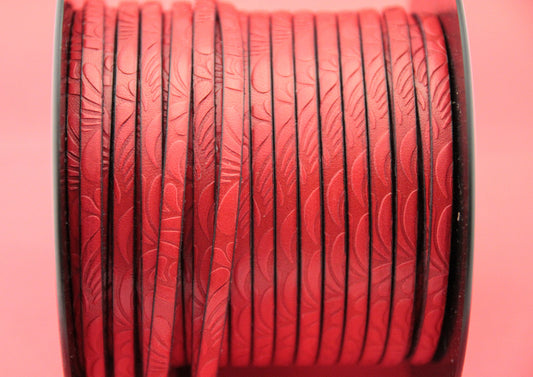 MADE in EUROPE 24'' flat 5mm embossed leather cord, 5mm flat leather cord, 5mm embossed leather cord (MARF5petalred)