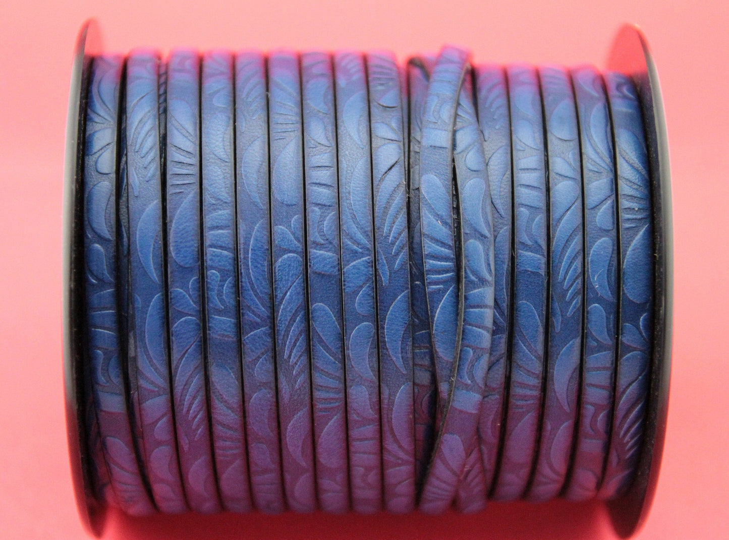 MADE in SPAIN 24" of floral leather cord, 5mm flat engraved leather cord for bracelet, embossed 5mm leather cord (Marf5petalblue)