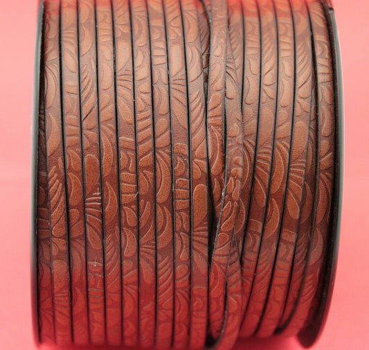 MADE in EUROPE 24'' flat 5mm engraved leather cord, 5mm flat leather cord, 5mm floral embossed leather cord(Marf5petbr)