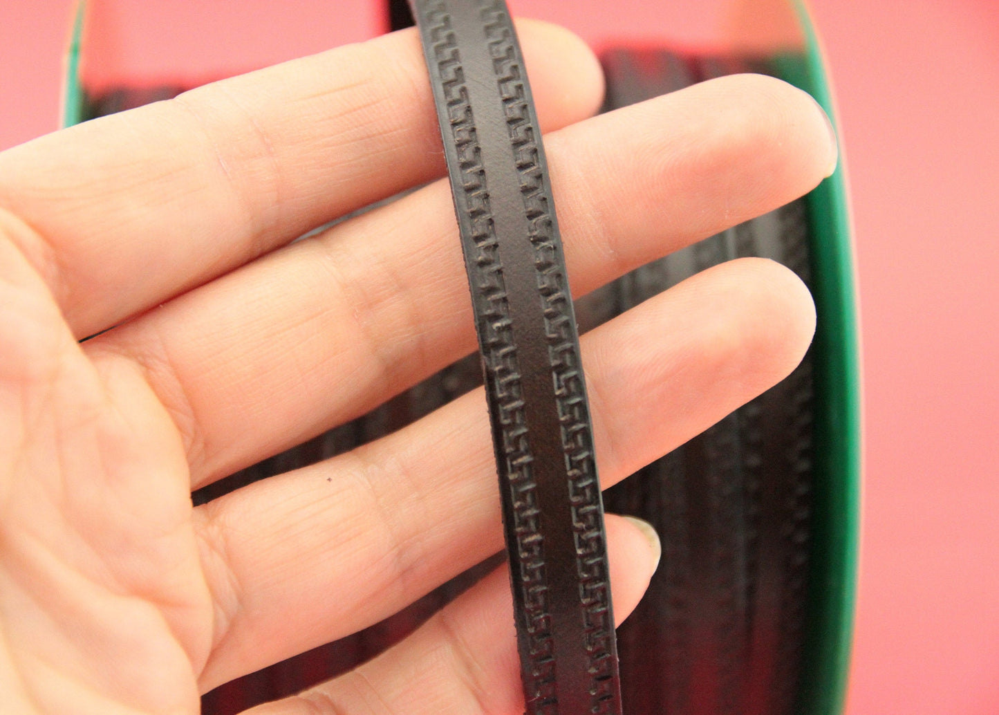 MADE in EUROPE 24" flat leather cord, embossed 10mm dark brown leather cord, genuine leather cord (Marf10grkeydbr)