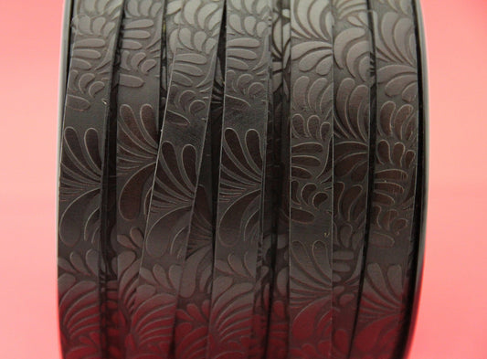 MADE in EUROPE 24" flat leather cord, flower petal embossed 10mm brown leather cord, genuine leather cord (Marf10petaldbr)