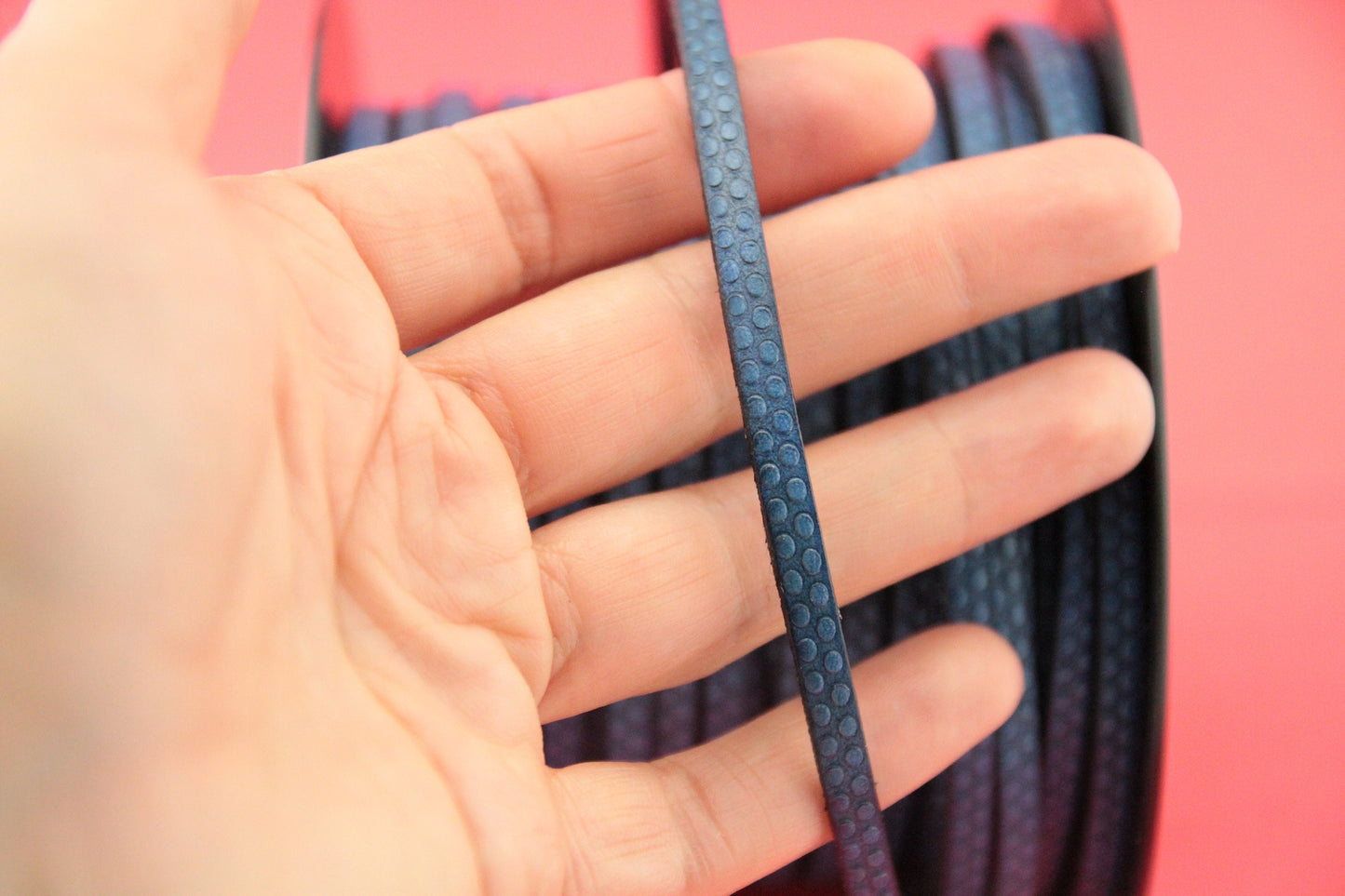 MADE in EUROPE 24" flat leather cord, polka dot embossed 5mm blue leather cord, genuine leather cord (AR110/05/20)