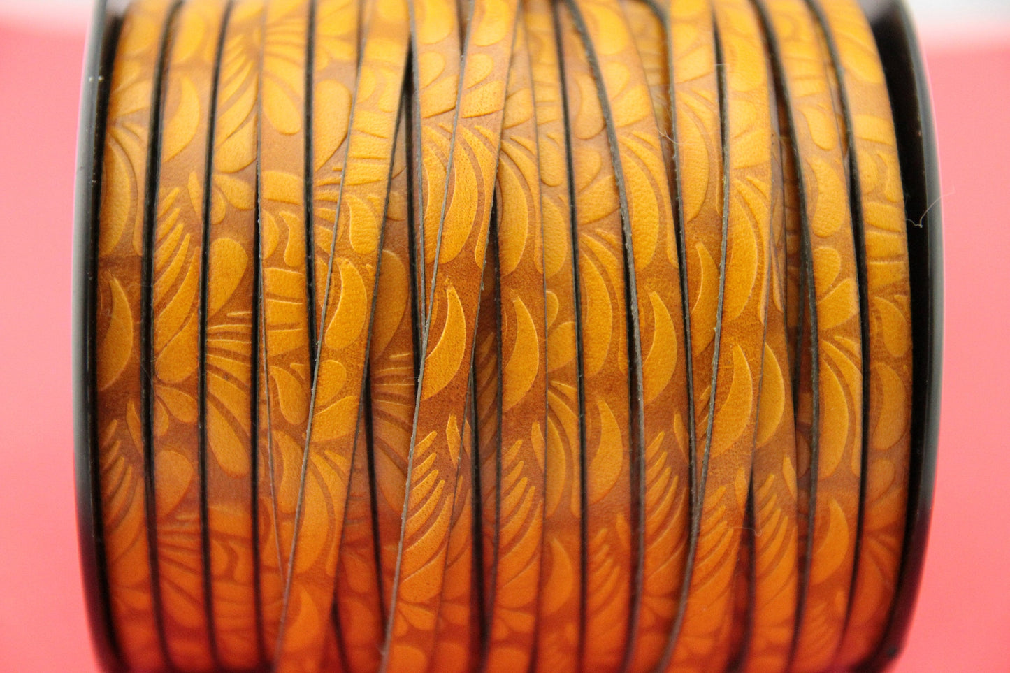 MADE in EUROPE 24'' flat 5mm embossed leather cord, 5mm flat leather cord, 5mm embossed leather cord (MARF5petalmustard)