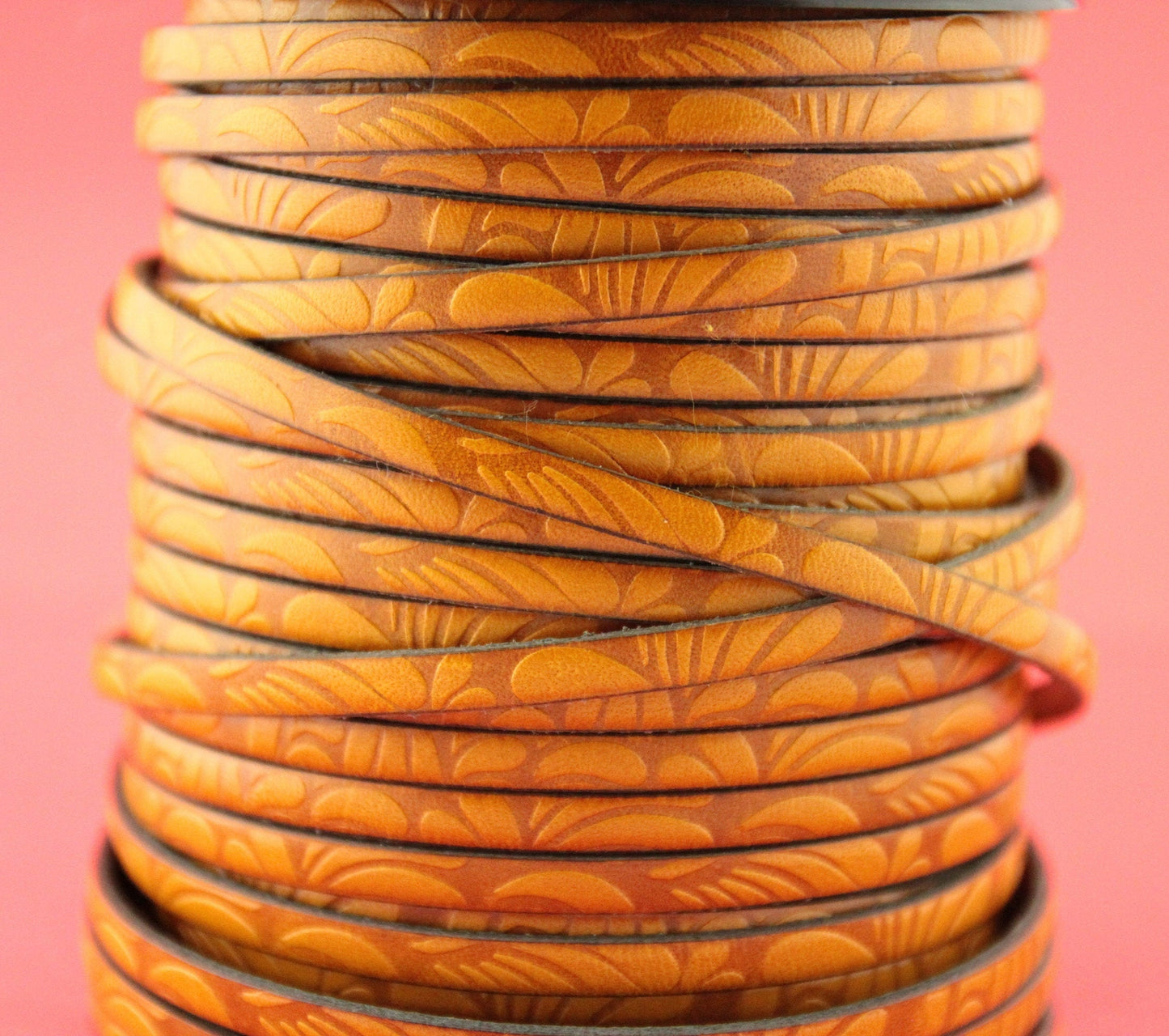 MADE in EUROPE 24'' flat 5mm embossed leather cord, 5mm flat leather cord, 5mm embossed leather cord (MARF5petalmustard)