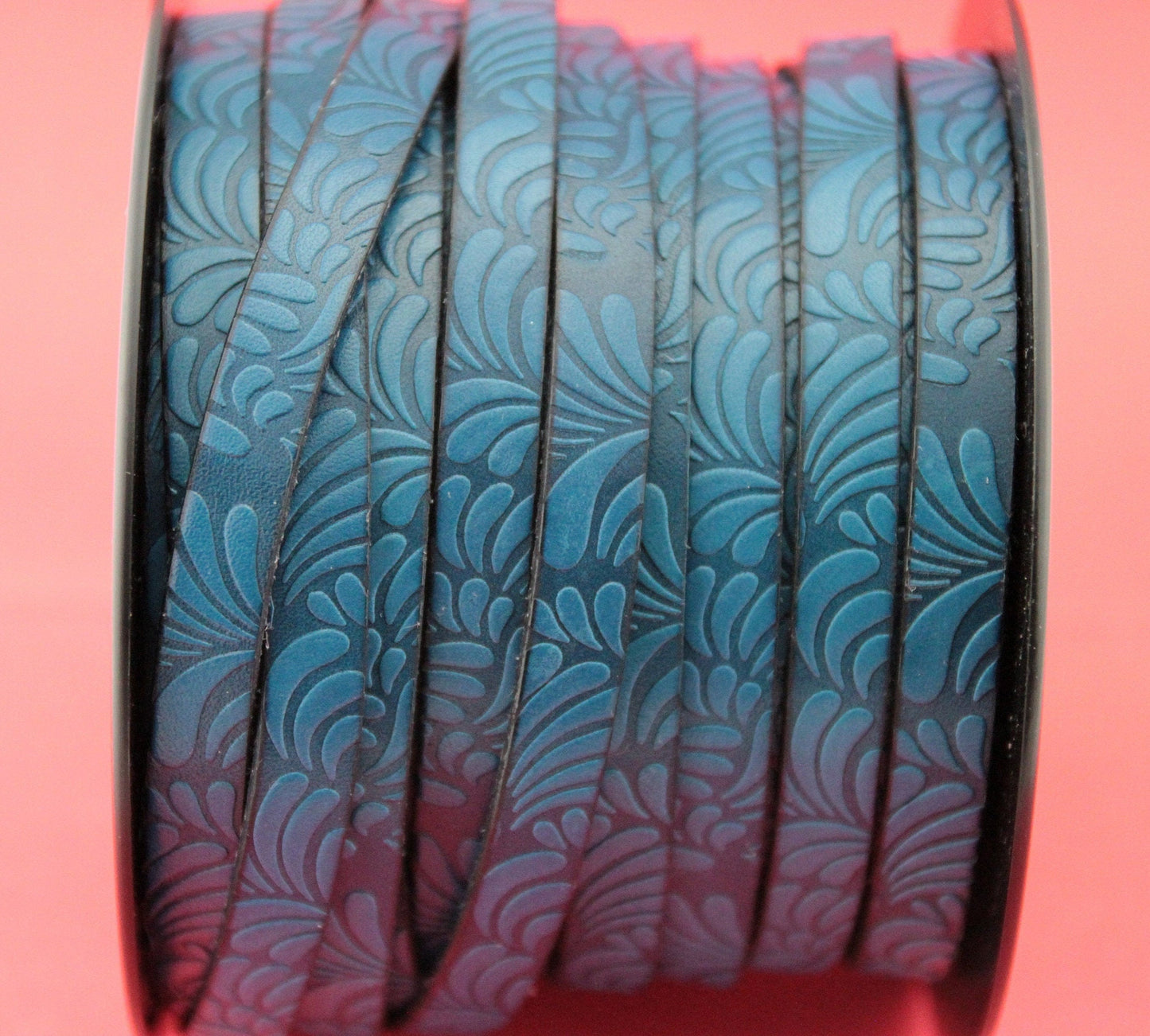MADE in SPAIN 24" of floral leather cord, 10mm flat engraved leather cord for bracelet, embossed 10mm leather cord (Marf10petalblue))