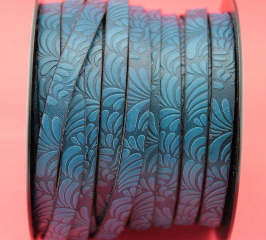 MADE in SPAIN 24" of floral leather cord, 10mm flat engraved leather cord for bracelet, embossed 10mm leather cord (Marf10petalblue))