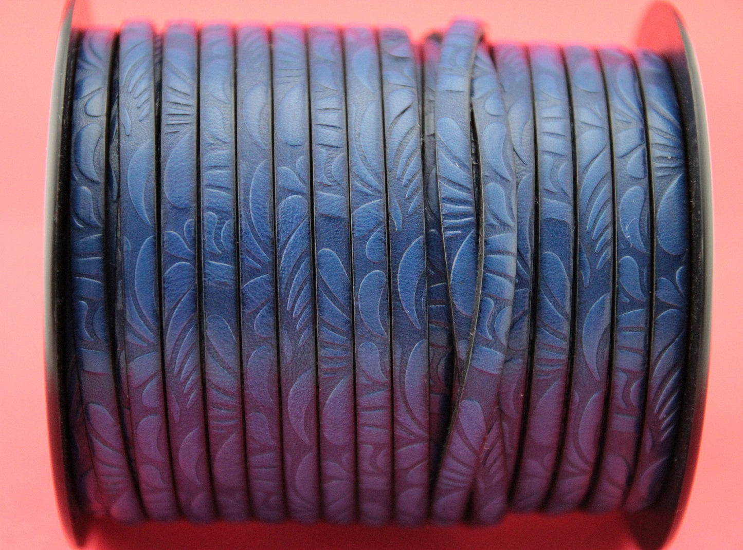 MADE in SPAIN 24" of floral leather cord, 5mm flat engraved leather cord for bracelet, embossed 5mm leather cord (Marf5petalblue)