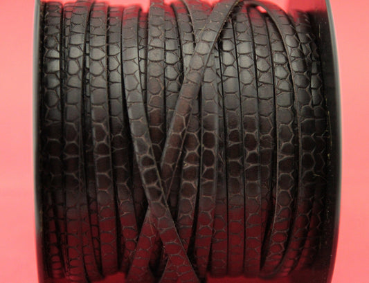 MADE in EUROPE 24" flat leather cord, crocodile skin embossed 5mm dark brown leather cord, (Marf5crocdbr)