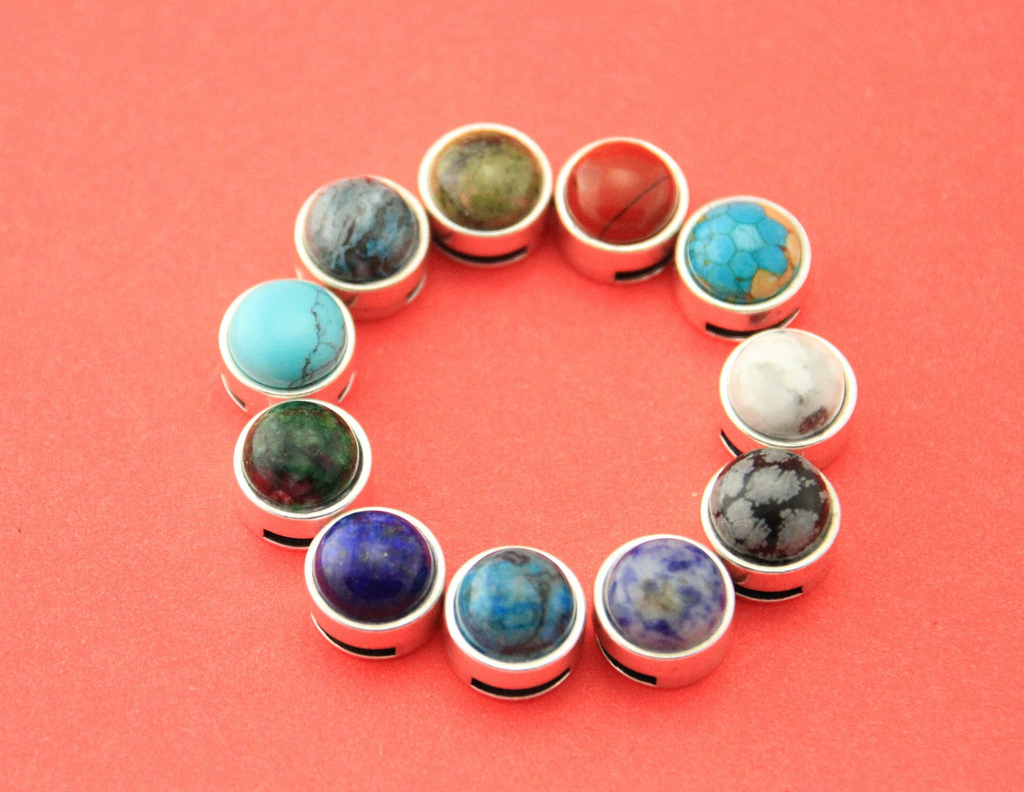 FS0489>>MADE IN EUROPE zamak 10mm slider with natural gemstone, 10mm flat cord slider with natural stone cabochon, Qty1