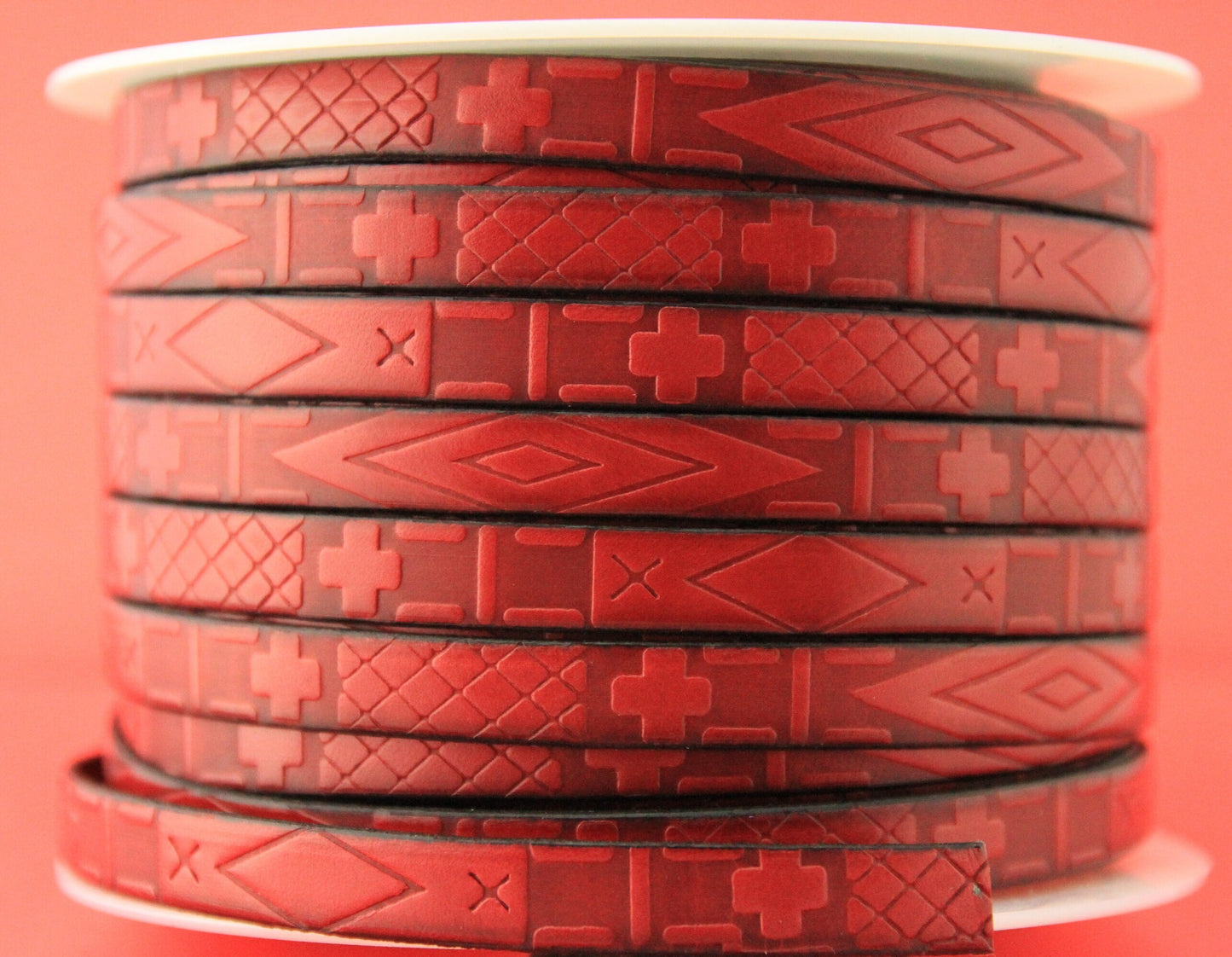 MADE in SPAIN 24" of red leather cord, 10mm flat engraved leather cord for bracelet, embossed 10mm leather cord (705/10/12)