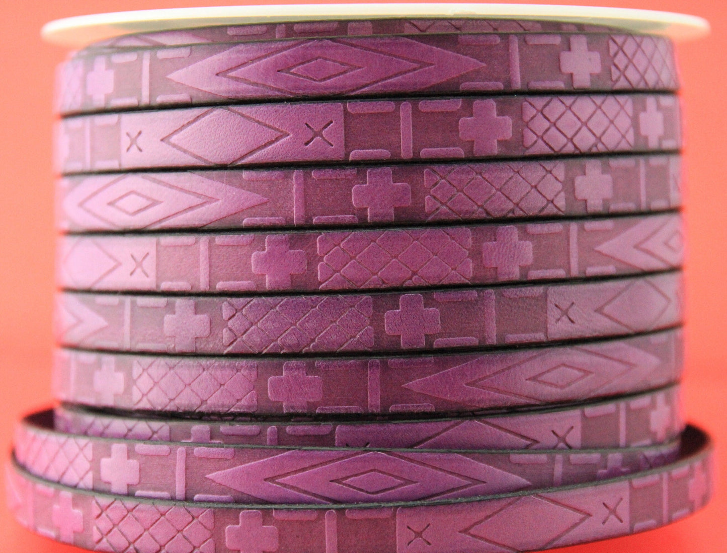 MADE in EUROPE 24" flat leather cord, 10mm purple leather cord, geometric embossed leather cord (705/10/06)