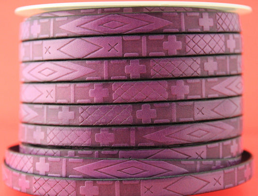 MADE in EUROPE 24" flat leather cord, 10mm purple leather cord, geometric embossed leather cord (705/10/06)