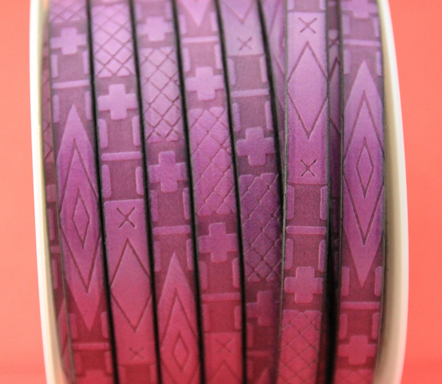 MADE in EUROPE 24" flat leather cord, 10mm purple leather cord, geometric embossed leather cord (705/10/06)