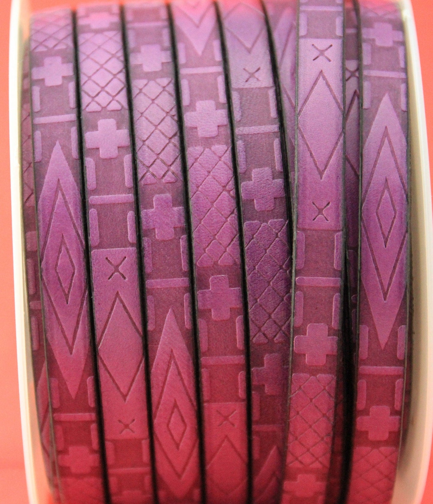MADE in EUROPE 24" flat leather cord, 10mm purple leather cord, geometric embossed leather cord (705/10/06)