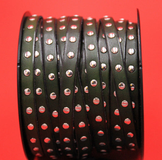 MADE in EUROPE 24'' dark green leather cord with rivets, 10mm studded  leather cord, 10mm flat leather cord(AR220/10/11)