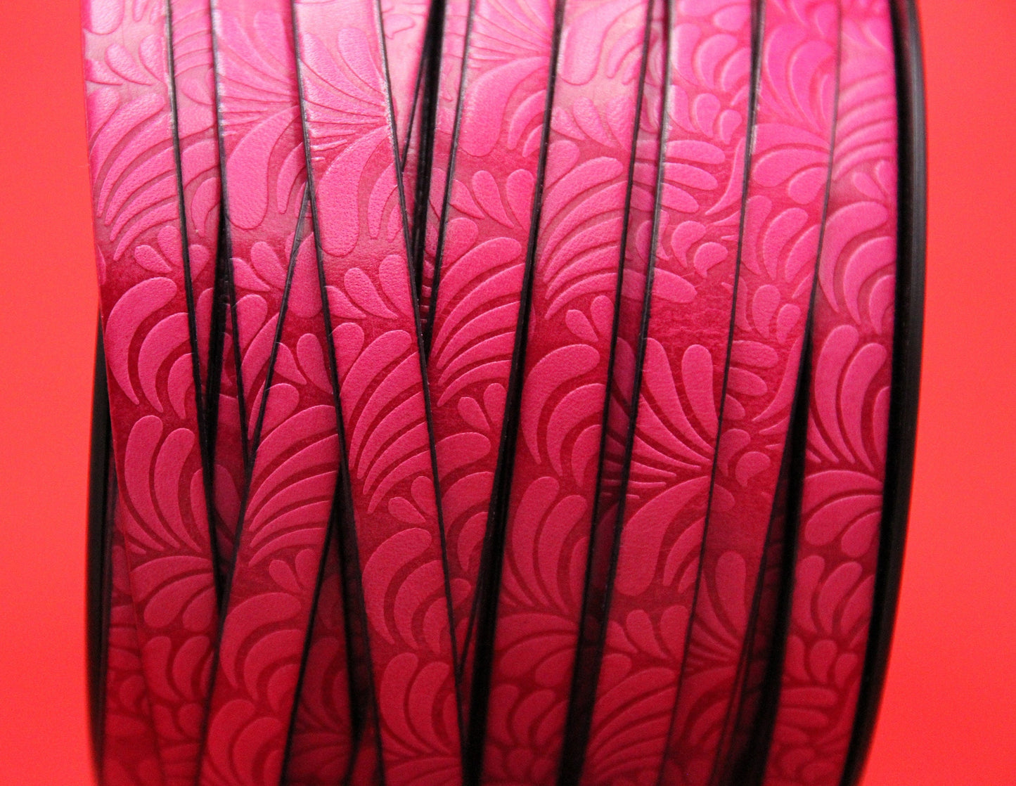 MADE in EUROPE 24" flat leather cord, embossed 10mm fucsia leather cord, floral engraved leather cord (AR150/10/25)