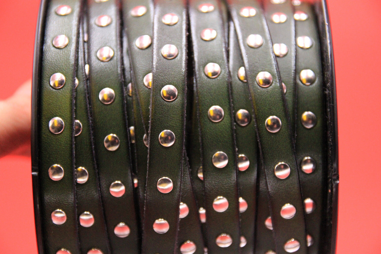 MADE in EUROPE 24'' dark green leather cord with rivets, 10mm studded  leather cord, 10mm flat leather cord(AR220/10/11)