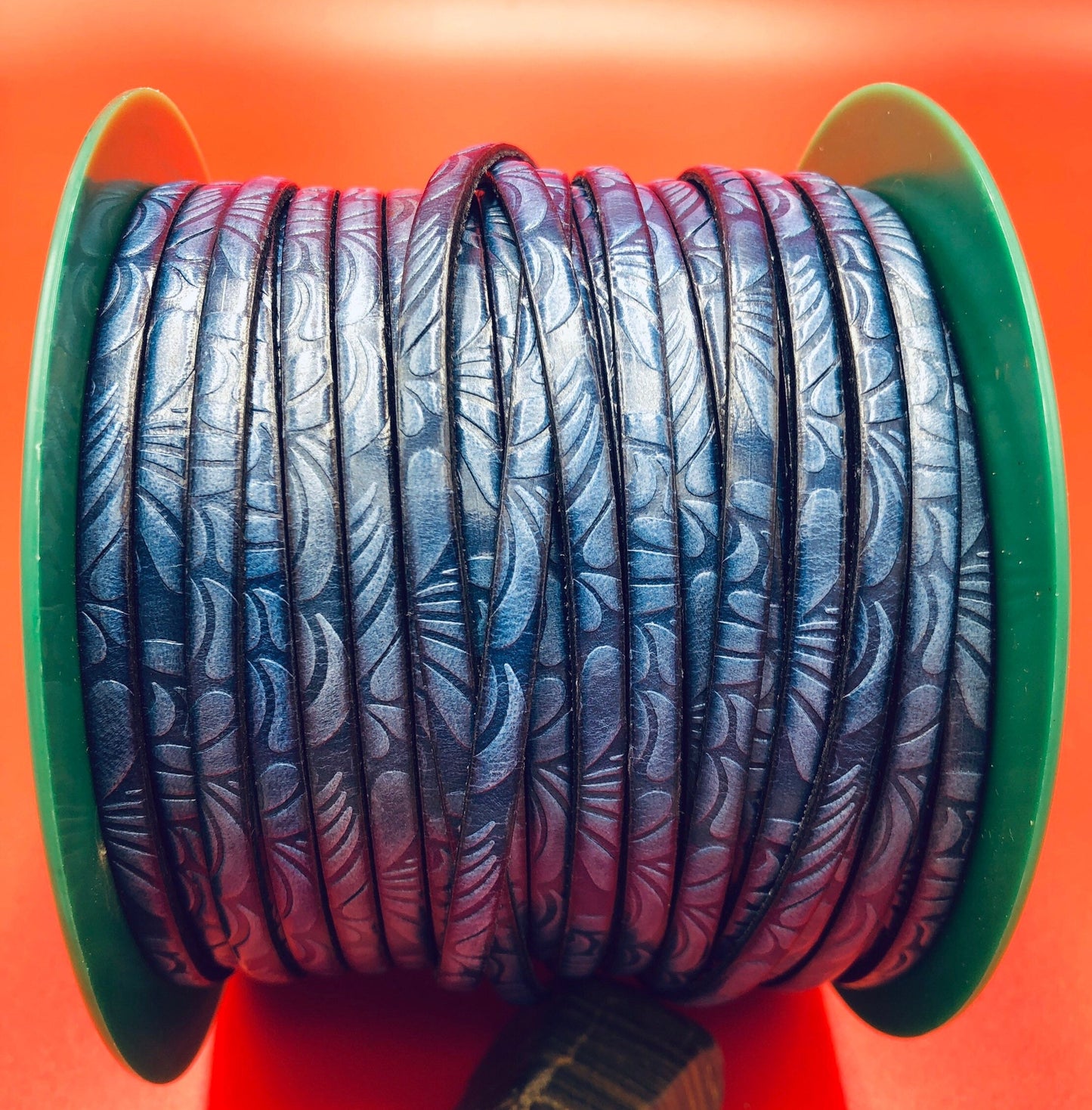 MADE in EUROPE 24" flat leather cord, floral embossed 5mm blue leather cord, genuine leather cord (AR150/05/20)