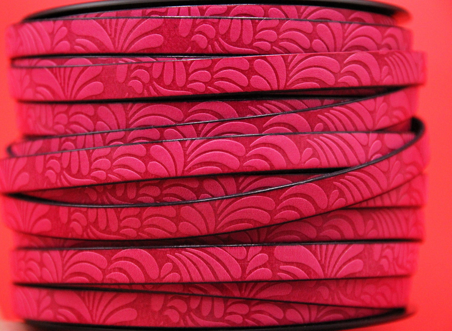 MADE in EUROPE 24" flat leather cord, embossed 10mm fucsia leather cord, floral engraved leather cord (AR150/10/25)