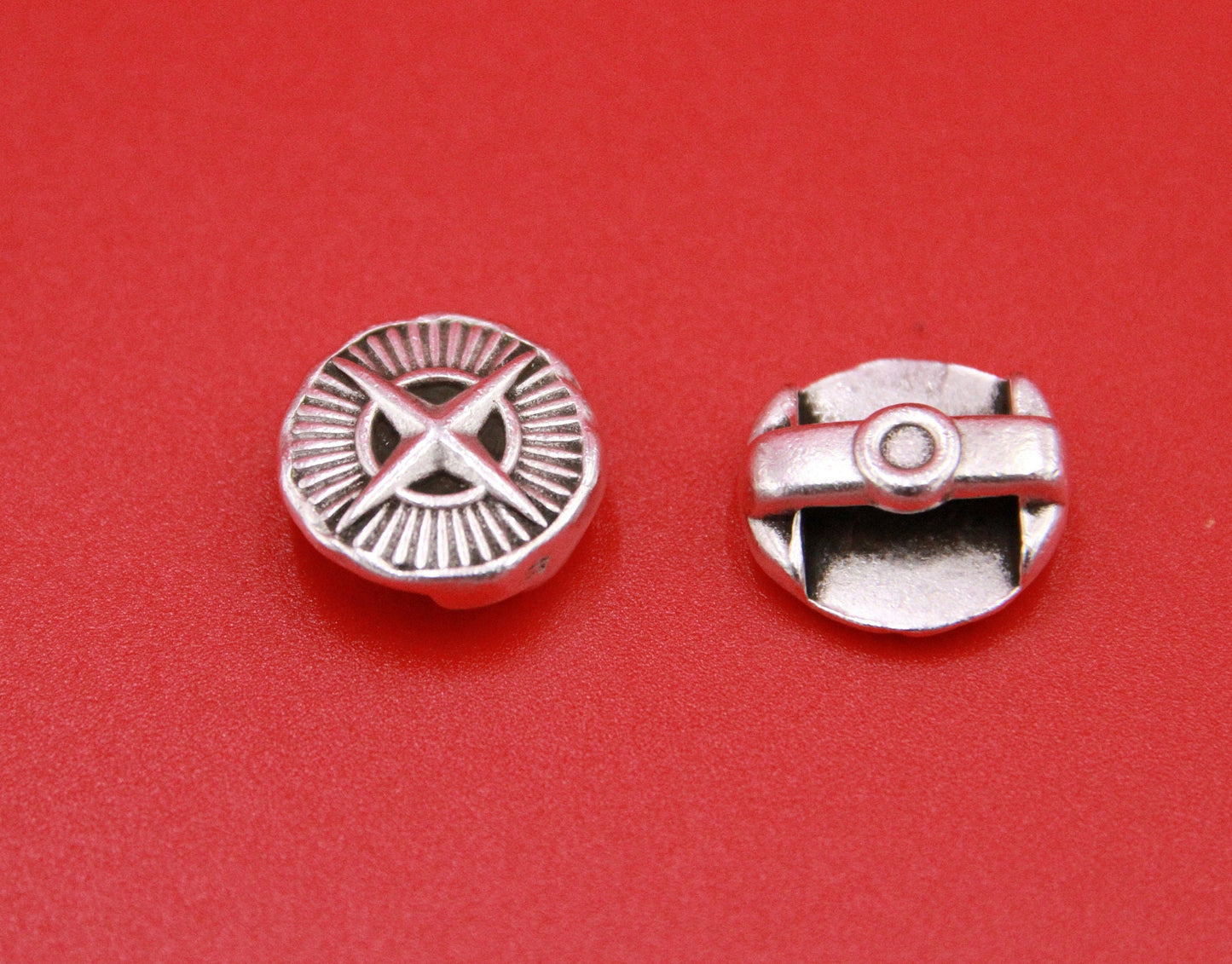 FS0537>>MADE in EUROPE 2 pewter compass sliders, 10mm flat cord crimp compass sliders, 10mm leather cord sliders Qty2