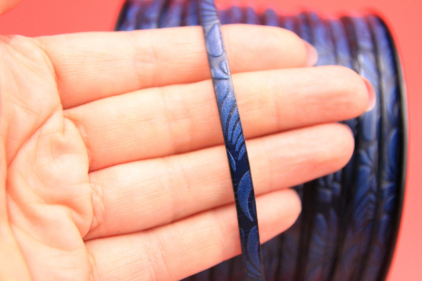 MADE in EUROPE 24'' flat 5mm engraved leather cord, 5mm flat dark blue leather cord, 5mm floral embossed leather cord(AR150/05/21)