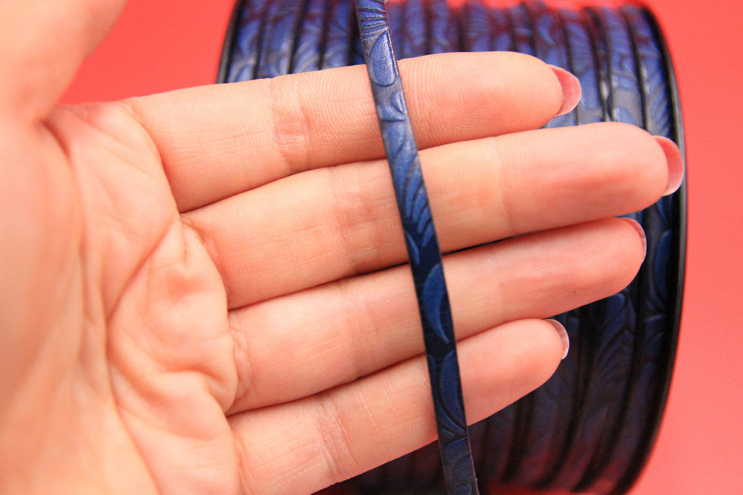 MADE in EUROPE 24'' flat 5mm engraved leather cord, 5mm flat dark blue leather cord, 5mm floral embossed leather cord(AR150/05/21)