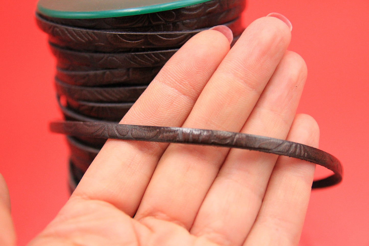 MADE in EUROPE 24'' flat 5mm embossed leather cord, 5mm flat floral embossed leather cord, (AR150/05/09)