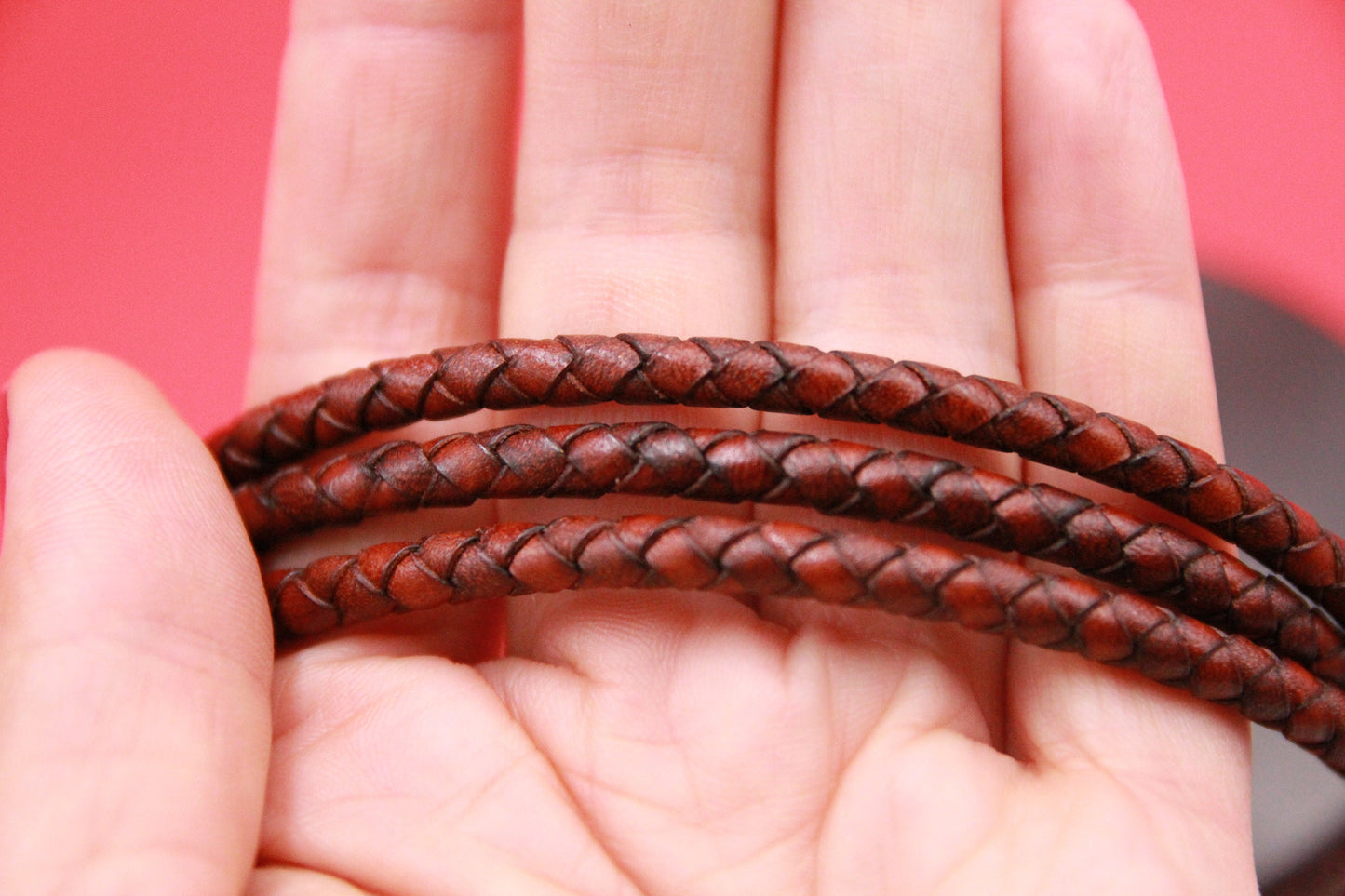MADE in SPAIN 24" 5mm braided leather cord, 5mm brown braided leather cord, (CProundbraid5)