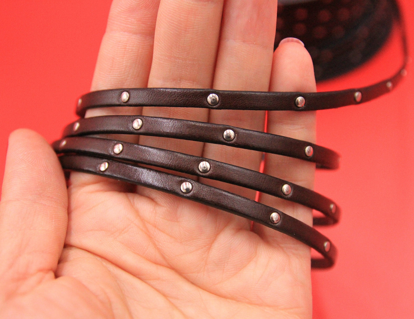 MADE in EUROPE 24'' flat 5mm leather cord with rivets, 5mm flat leather cord, 5mm leather cord