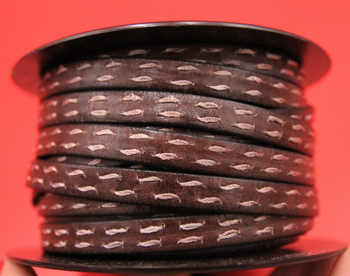 MADE IN SPAIN 24" flat stitched leather cord, distressed brown 10mm flat leather cord, 10mm stitched leather cord (RustStitch10)