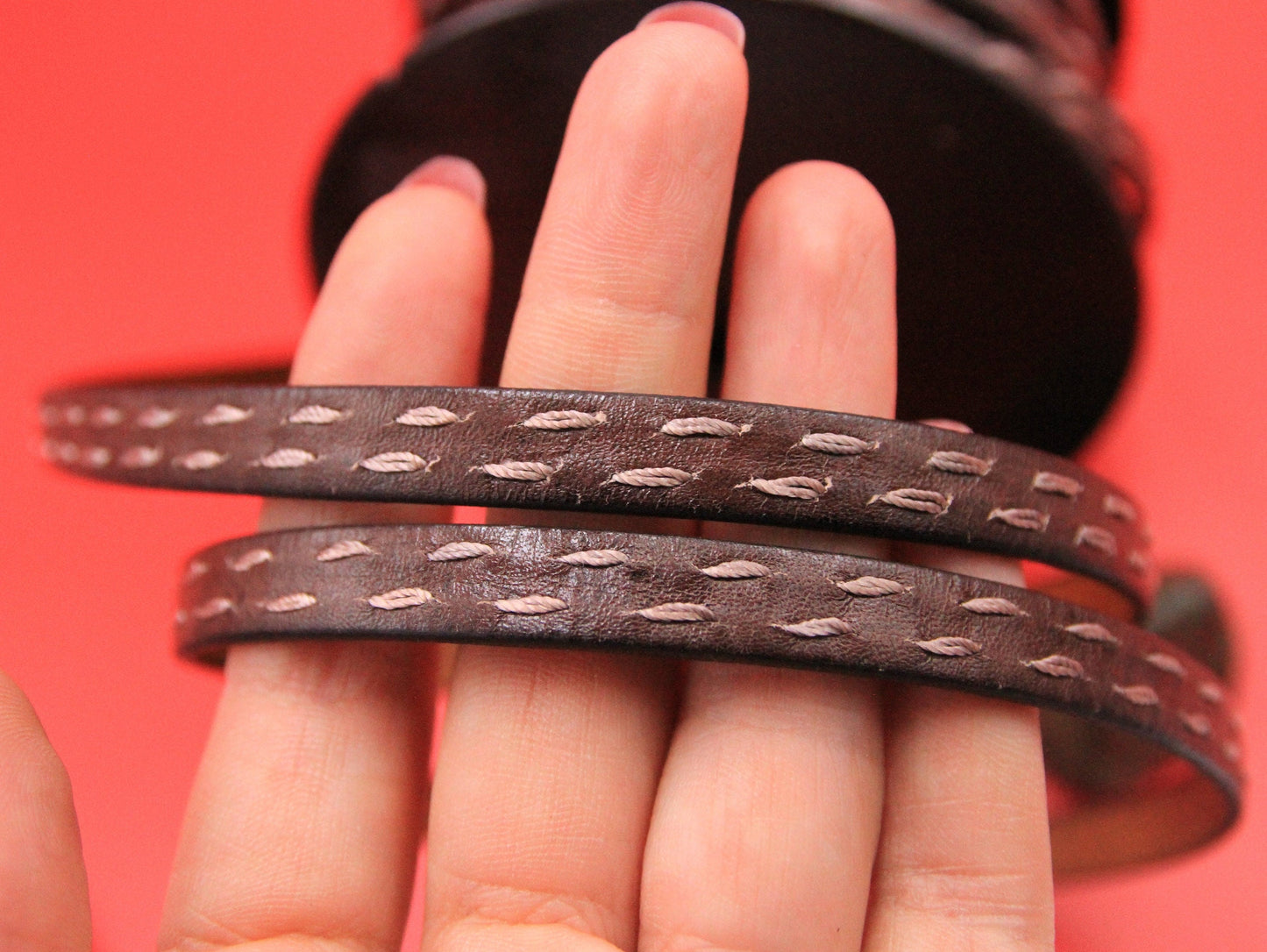 MADE IN SPAIN 24" flat stitched leather cord, distressed brown 10mm flat leather cord, 10mm stitched leather cord (RustStitch10)