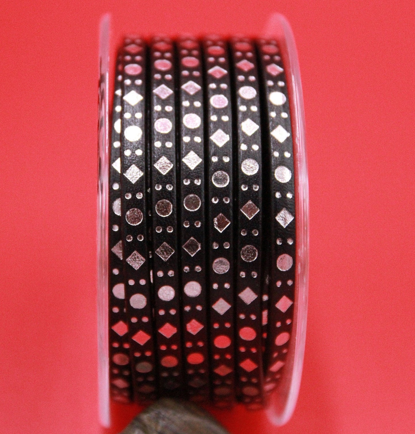 MADE in SPAIN 24" flat leather cord, engraved leather cord with metallic pattern (DotsSquare5/46/44)