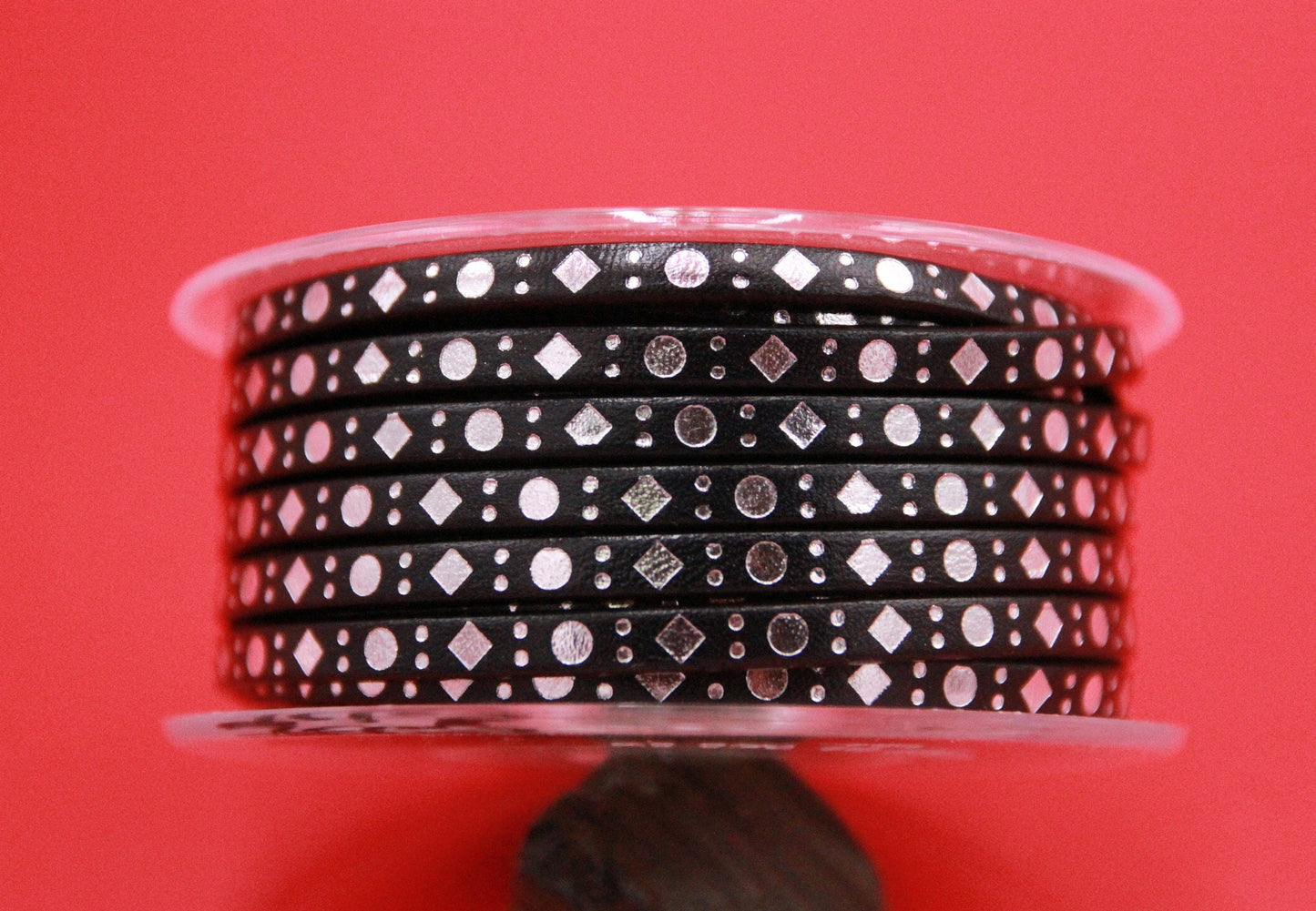 MADE in SPAIN 24" flat leather cord, engraved leather cord with metallic pattern (DotsSquare5/46/44)