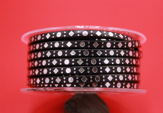 MADE in SPAIN 24" flat leather cord, engraved leather cord with metallic pattern (DotsSquare5/46/44)