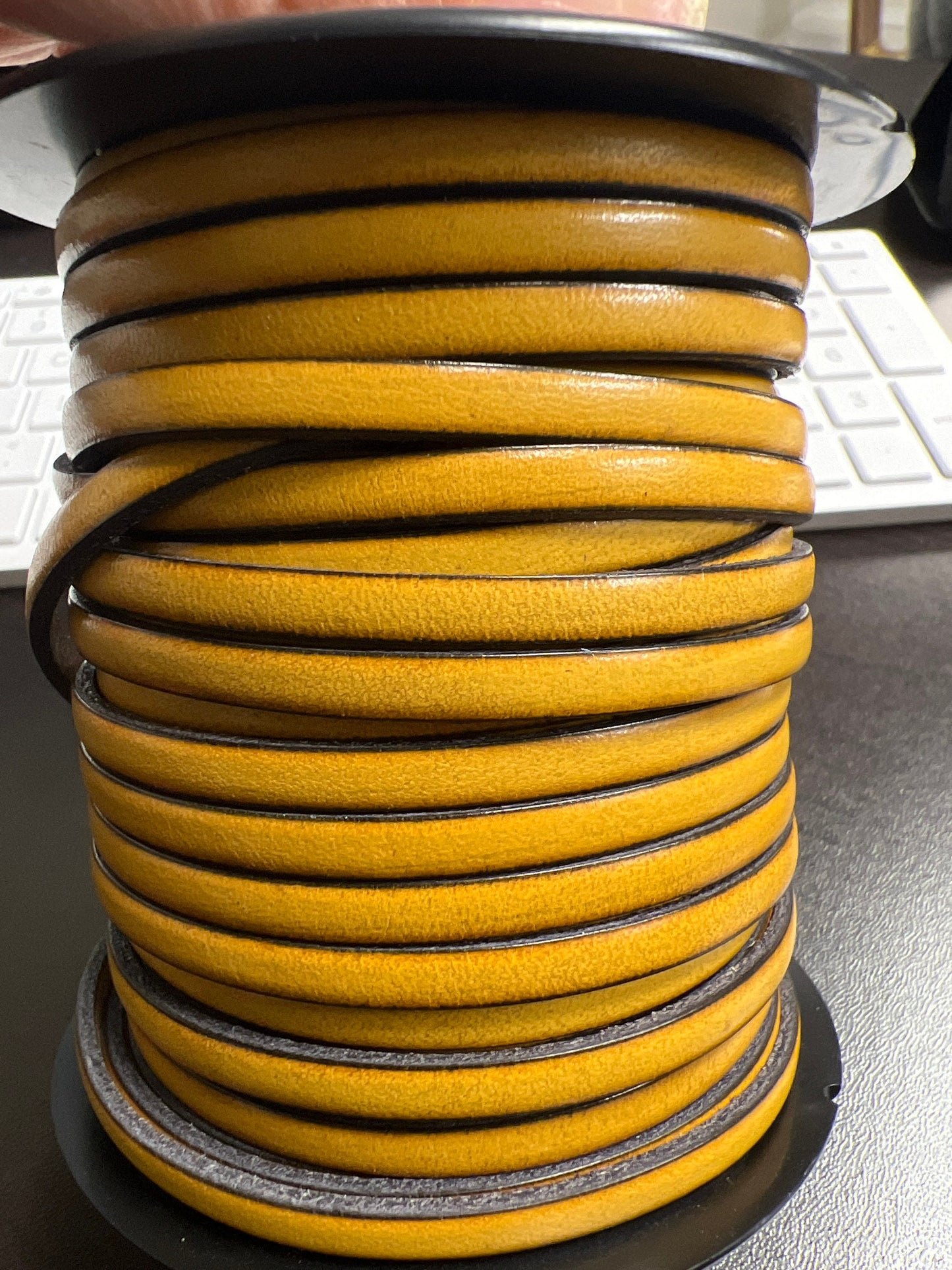 MADE in EUROPE 1 yard of 5mm flat leather cord, 5mm genuine yellow leather cord, flat 5mm real leather cord (MARF5AMAR)
