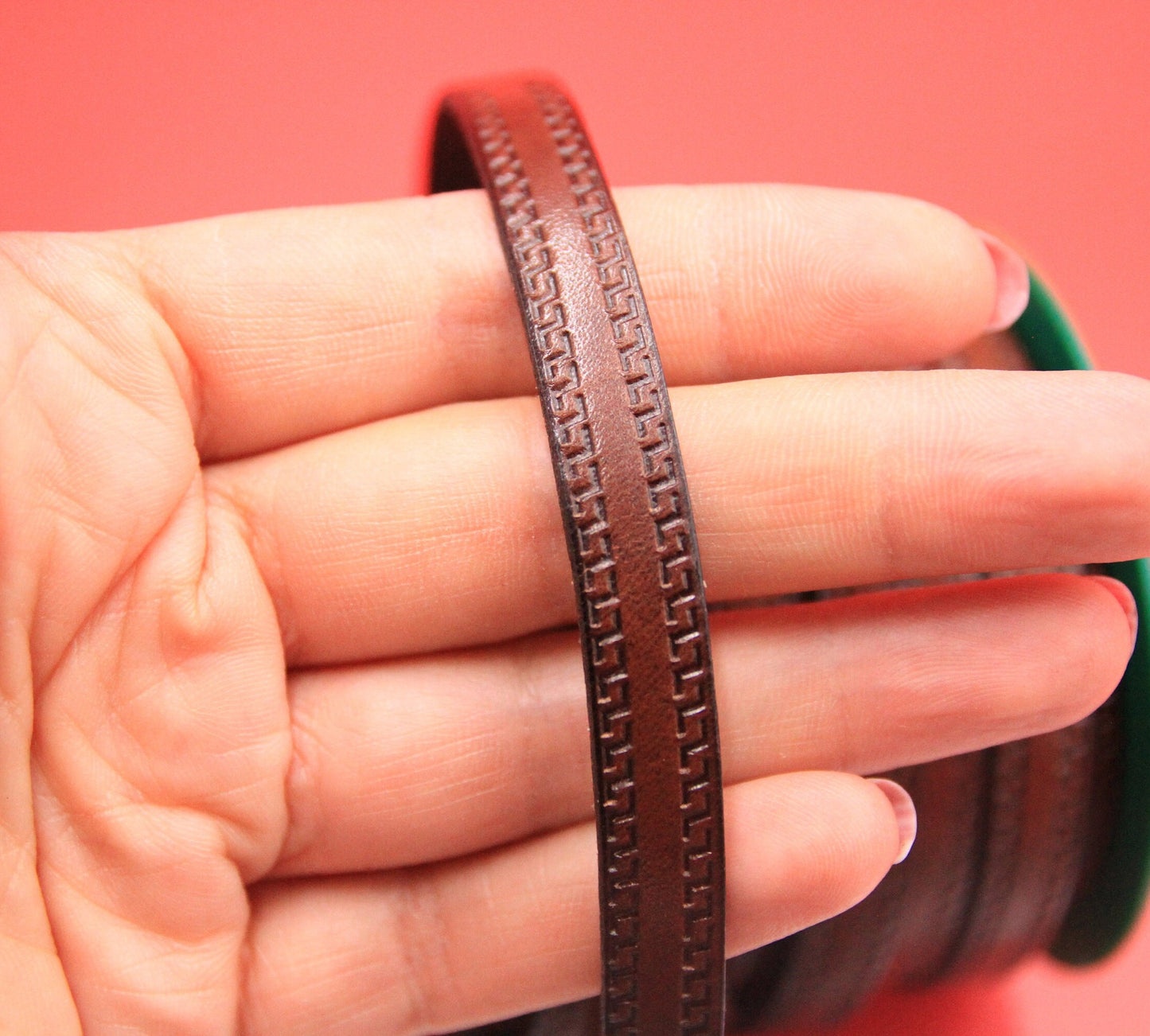 MADE in EUROPE 24" flat leather cord, embossed 10mm brown leather cord, genuine leather cord (AR180/10/brown)