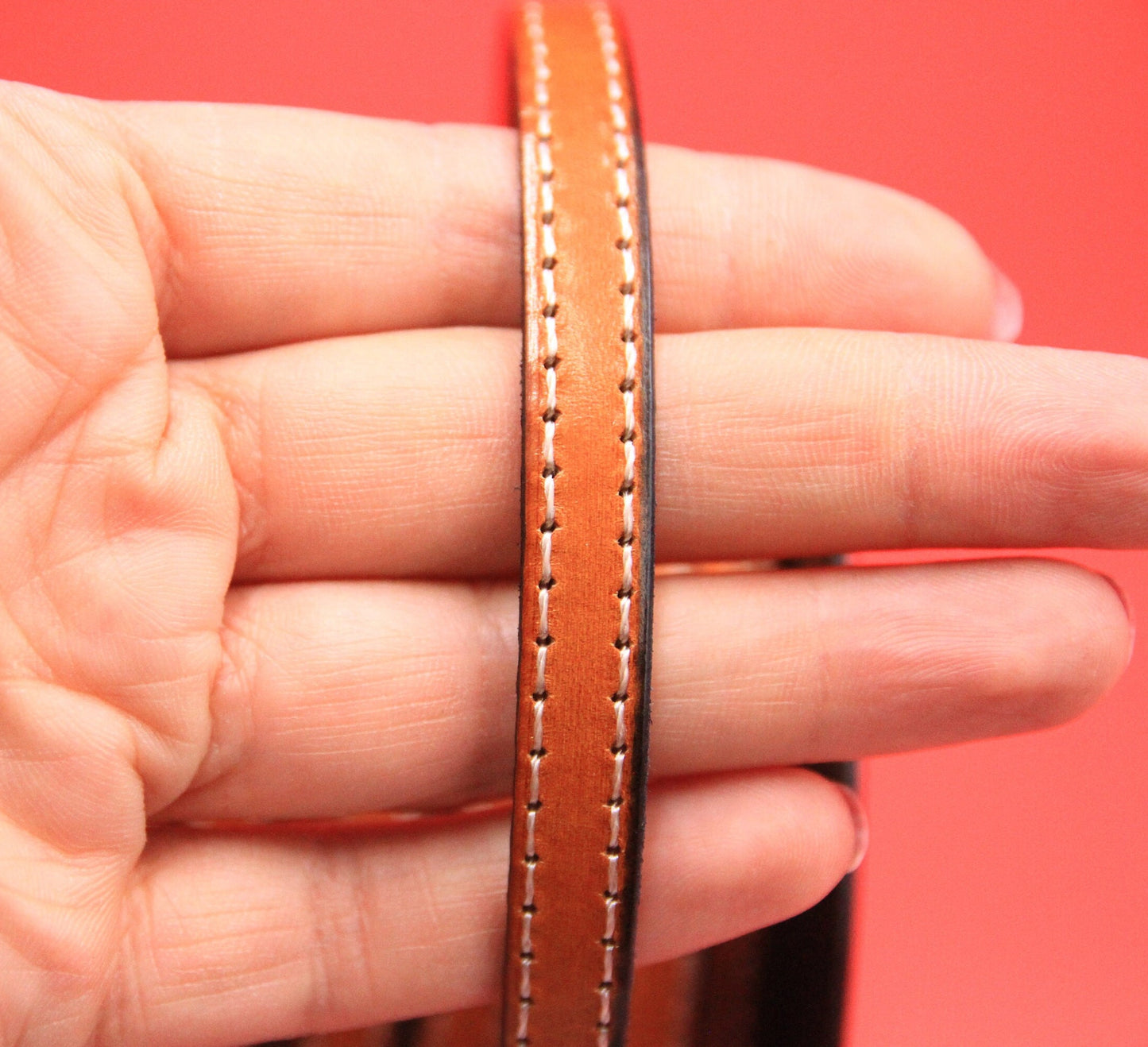 MADE IN SPAIN 24" flat stitched leather cord, tobacco 10mm flat leather cord, 10mm stitched leather cord (AR240/10/04)