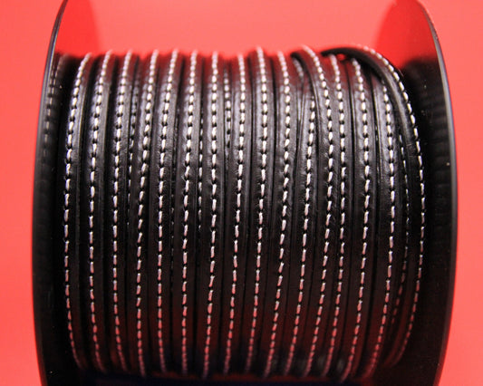 MADE in EUROPE 1 yard of 5mm black stitched leather cord, genuine leather 5mm stitched strip, black flat leather cord (MARF5BlkSTWht)