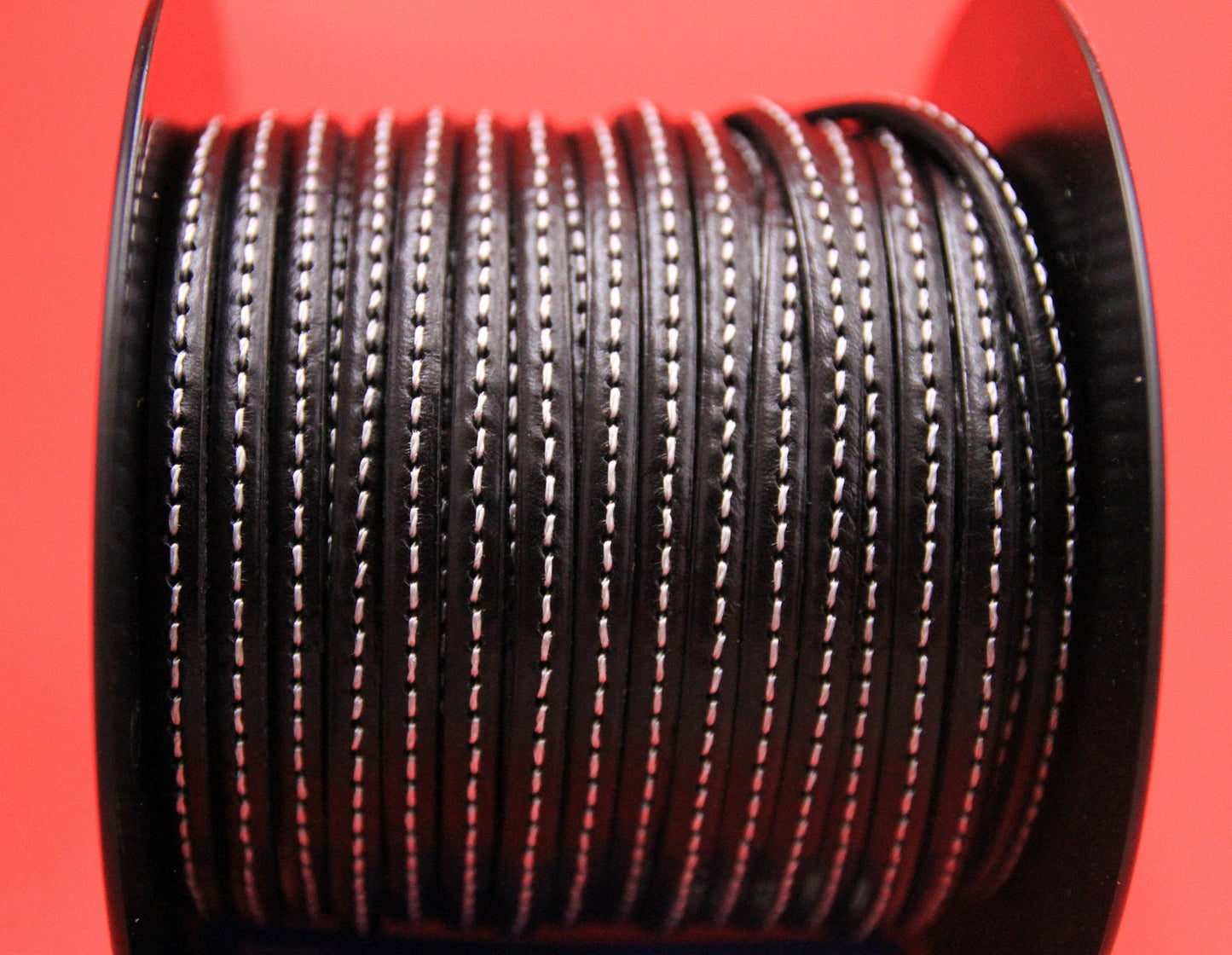 MADE in EUROPE 1 yard of 5mm black stitched leather cord, genuine leather 5mm stitched strip, black flat leather cord (MARF5BlkSTWht)