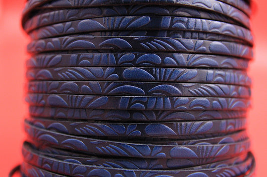 MADE in EUROPE 24'' flat 5mm engraved leather cord, 5mm flat dark blue leather cord, 5mm floral embossed leather cord(AR150/05/21)