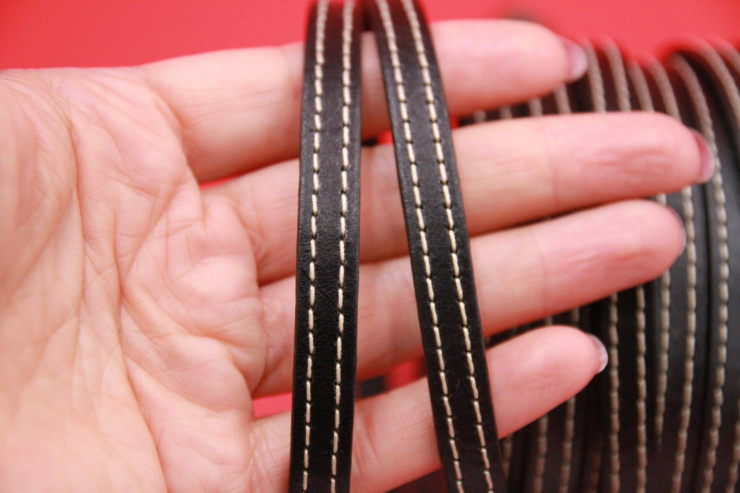 MADE IN SPAIN 24" flat stitched leather cord, 10mm flat leather cord, 10mm stitched leather cord (TCPC10)