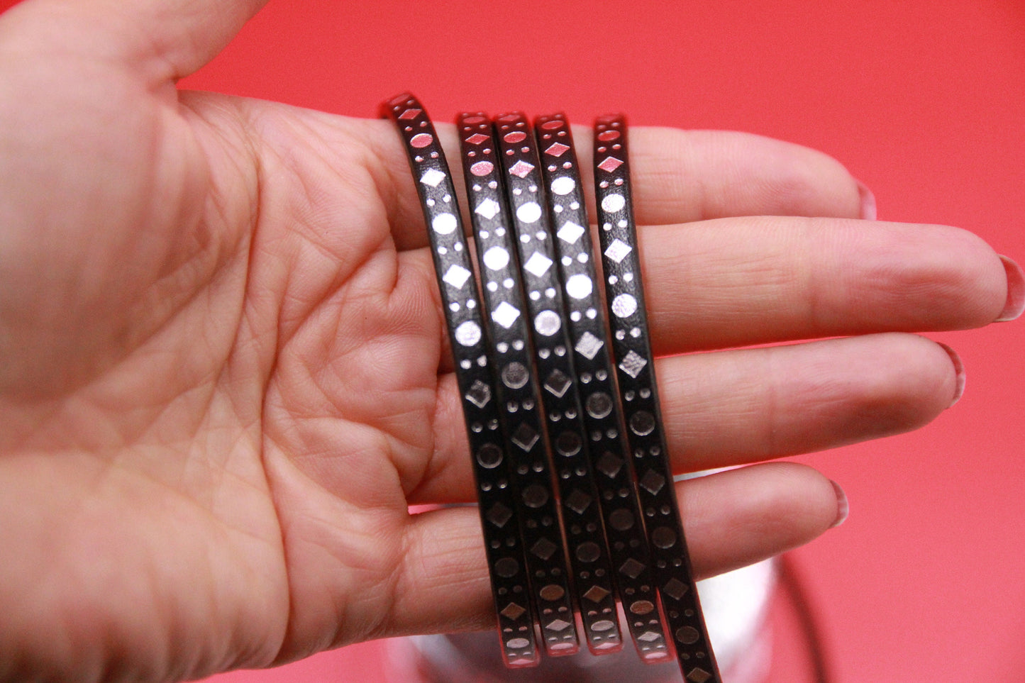 MADE in SPAIN 24" flat leather cord, engraved leather cord with metallic pattern (DotsSquare5/46/44)