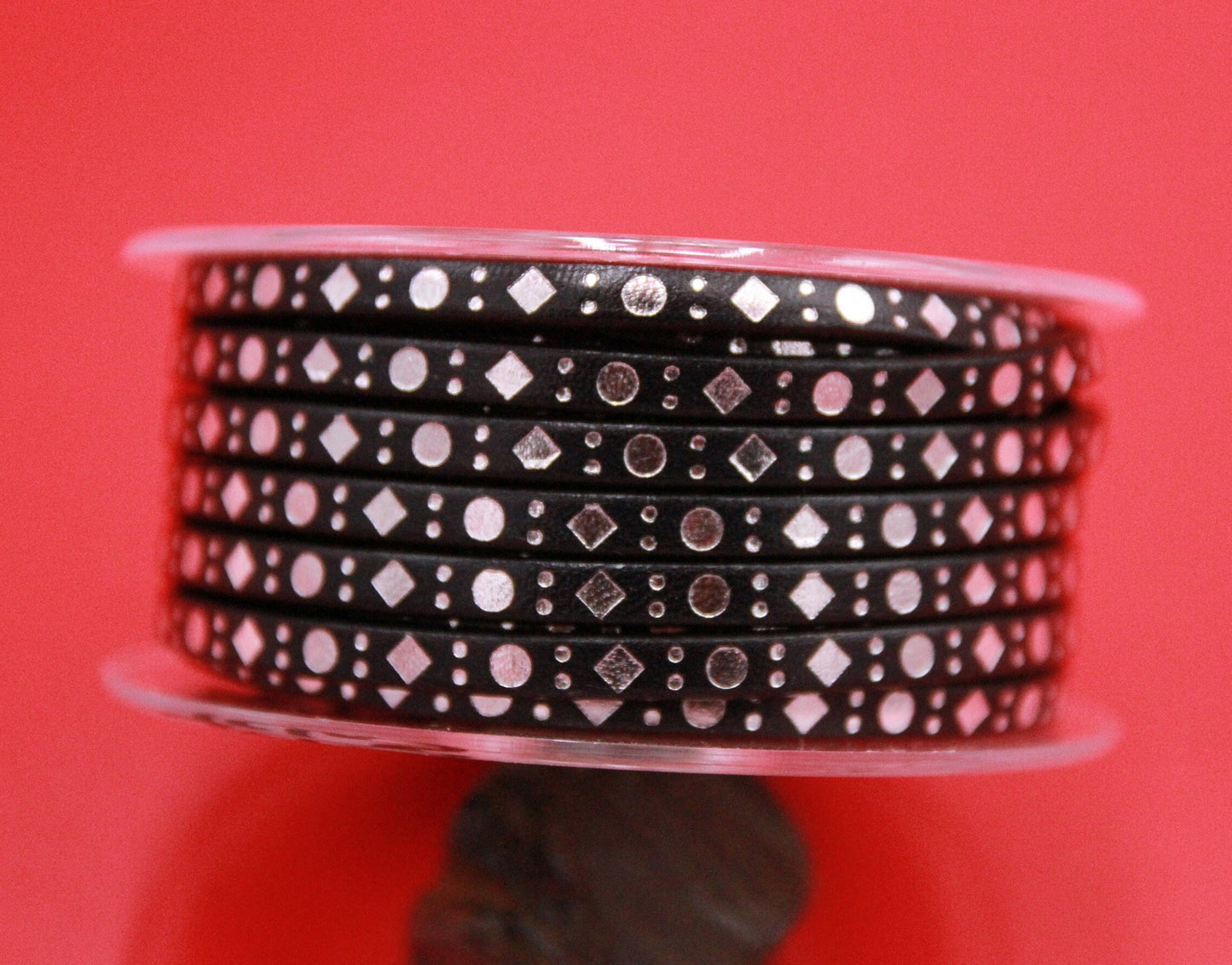 MADE in SPAIN 24" flat leather cord, engraved leather cord with metallic pattern (DotsSquare5/46/44)