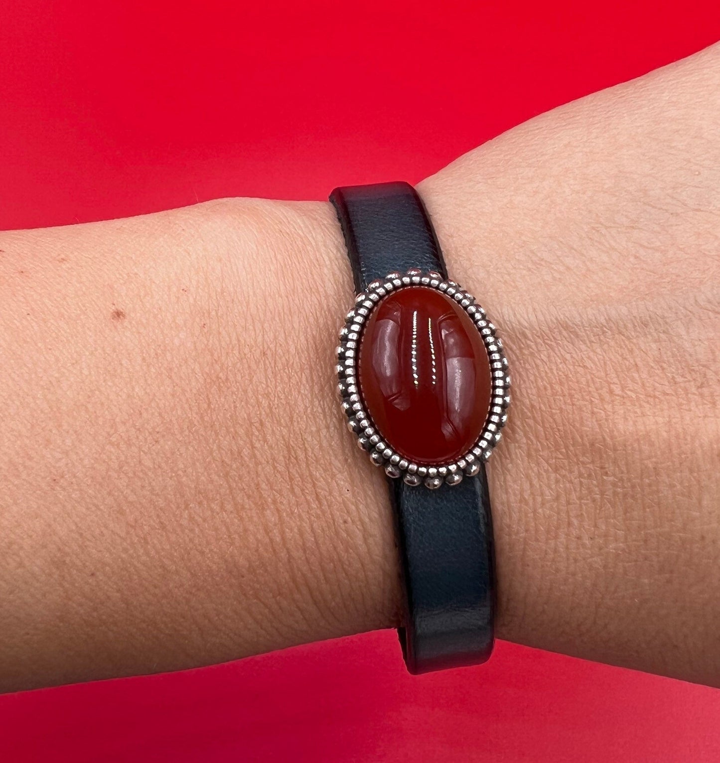 FS0551>>MADE IN EUROPE zamak oval slider with natural gemstone, 10mm flat cord slider with natural stone cabochon, Qty1